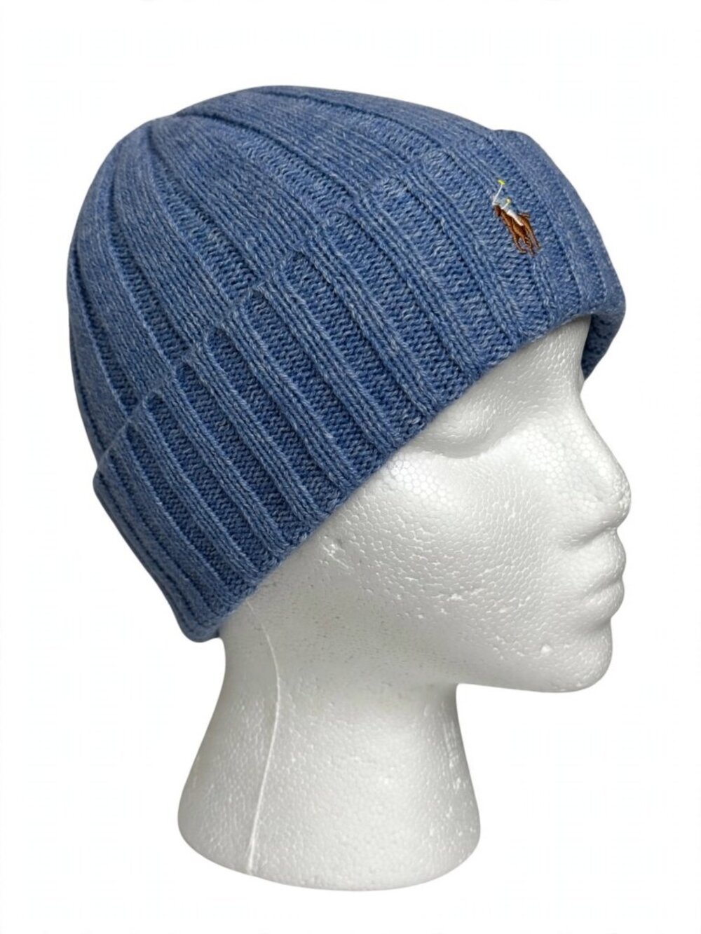 Polo Ralph Lauren Beanie Hat Mens O/S Blue Heather Ribbed Knit Cuffed